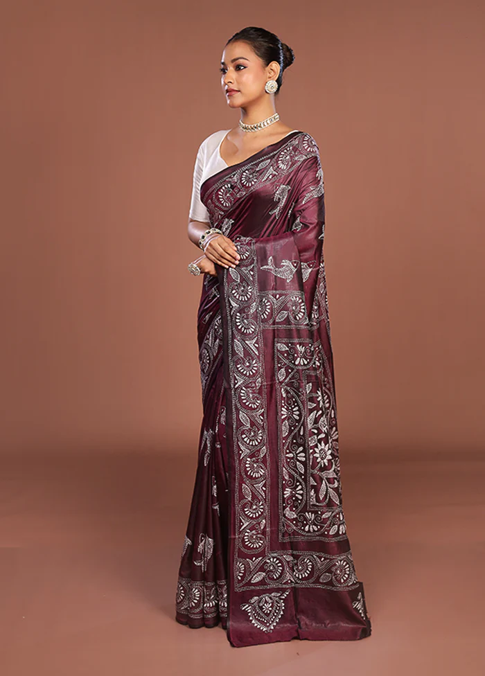 Maroon Kantha Stitch Silk Saree With Blouse Piece - Image 4