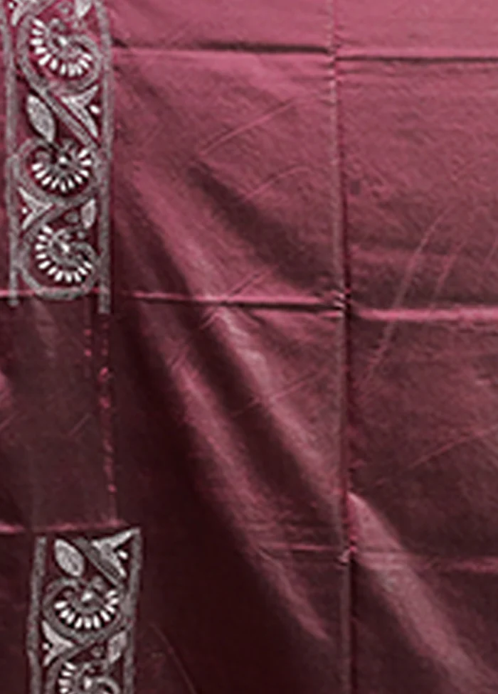 Maroon Kantha Stitch Silk Saree With Blouse Piece - Image 5