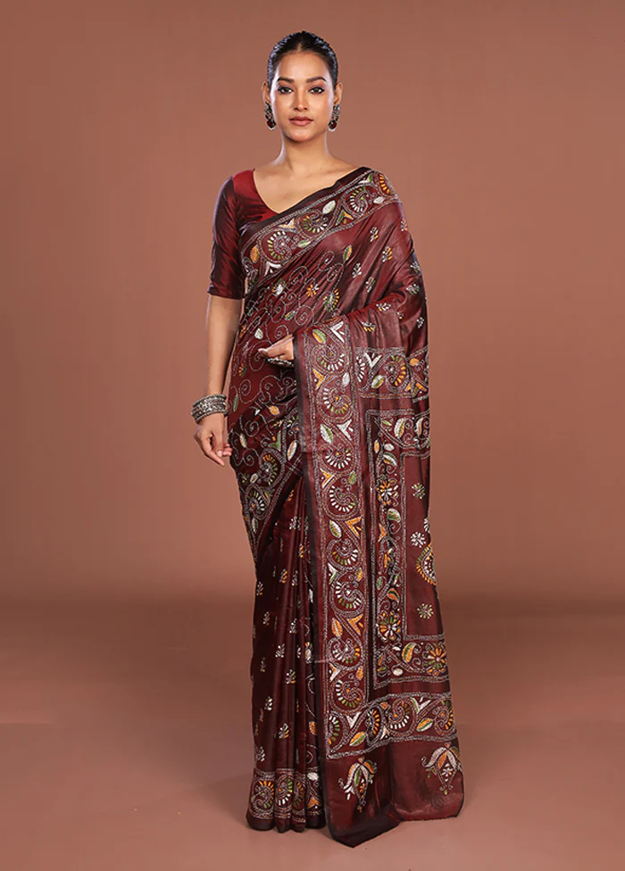 Maroon Kantha Stitch Silk Saree With Blouse Piece - Image 2