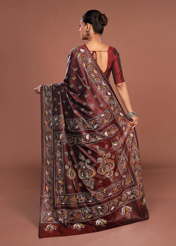 Maroon Kantha Stitch Silk Saree With Blouse Piece - Image 3