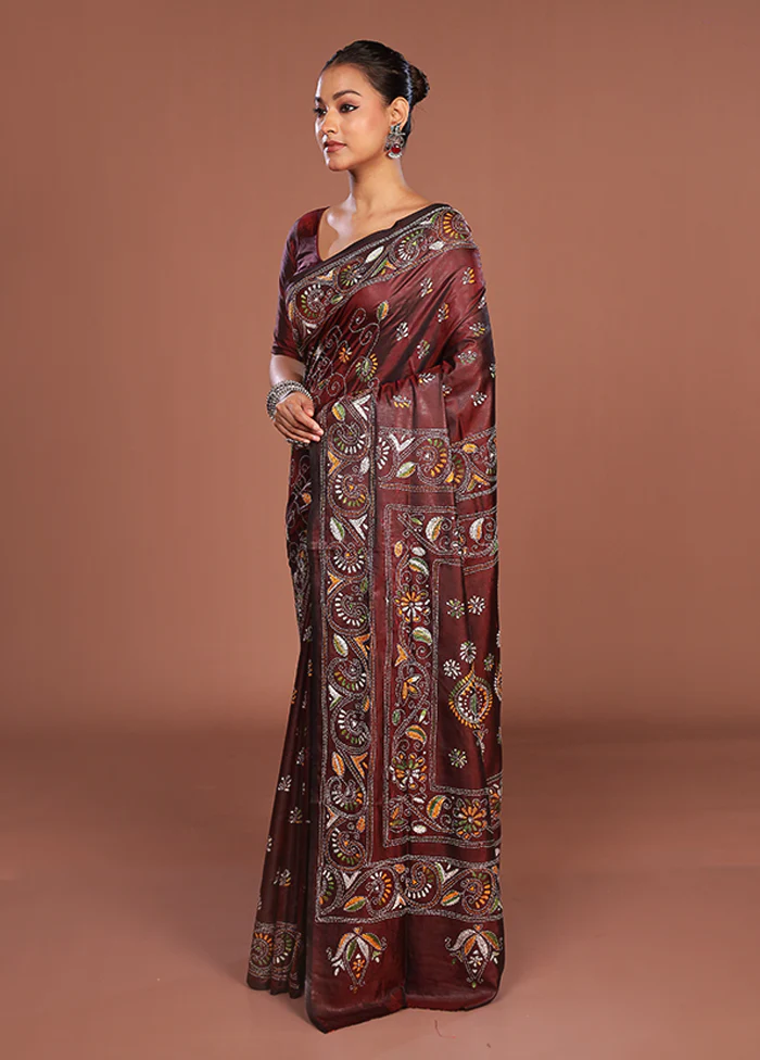 Maroon Kantha Stitch Silk Saree With Blouse Piece - Image 4