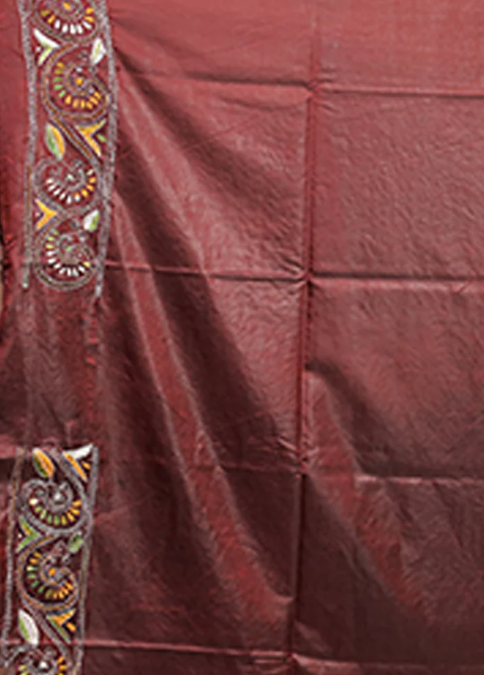Maroon Kantha Stitch Silk Saree With Blouse Piece - Image 5