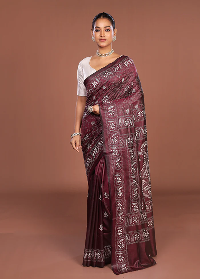 Maroon Kantha Stitch Silk Saree With Blouse Piece - Image 2