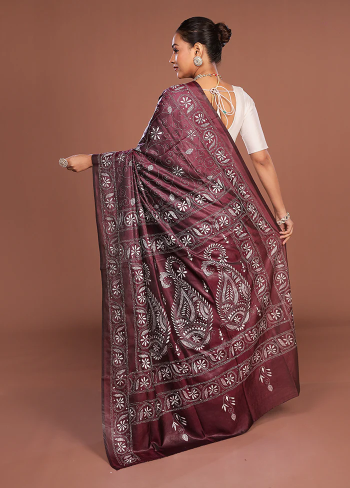 Maroon Kantha Stitch Silk Saree With Blouse Piece - Image 3