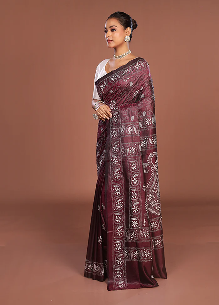 Maroon Kantha Stitch Silk Saree With Blouse Piece - Image 4