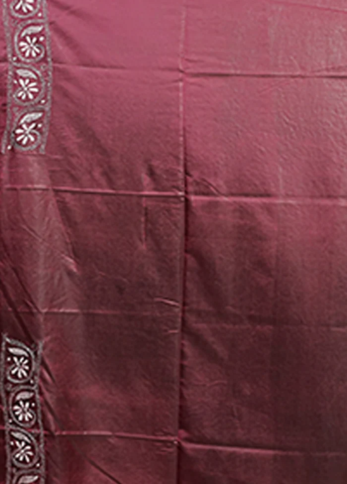 Maroon Kantha Stitch Silk Saree With Blouse Piece - Image 5
