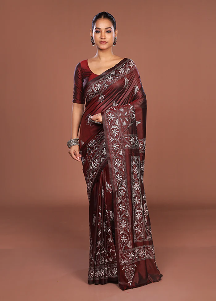 Maroon Kantha Stitch Silk Saree With Blouse Piece - Image 2
