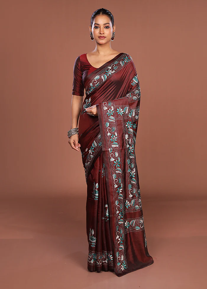 Maroon Kantha Stitch Silk Saree With Blouse Piece - Image 2