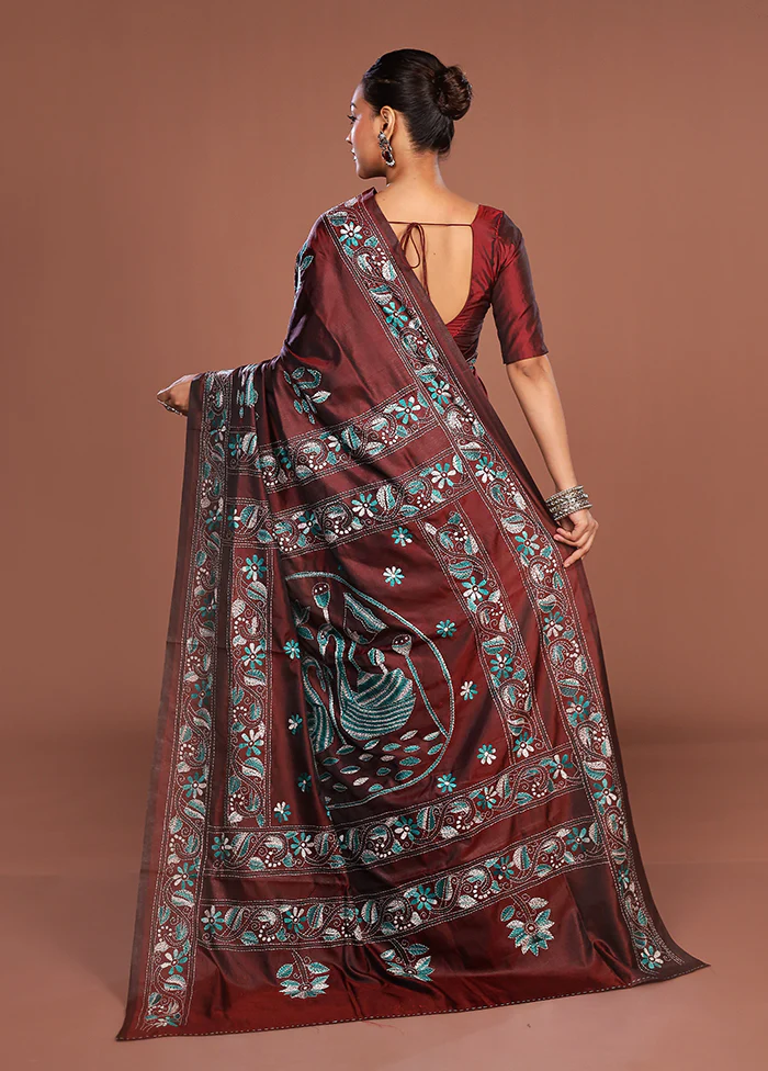 Maroon Kantha Stitch Silk Saree With Blouse Piece - Image 3