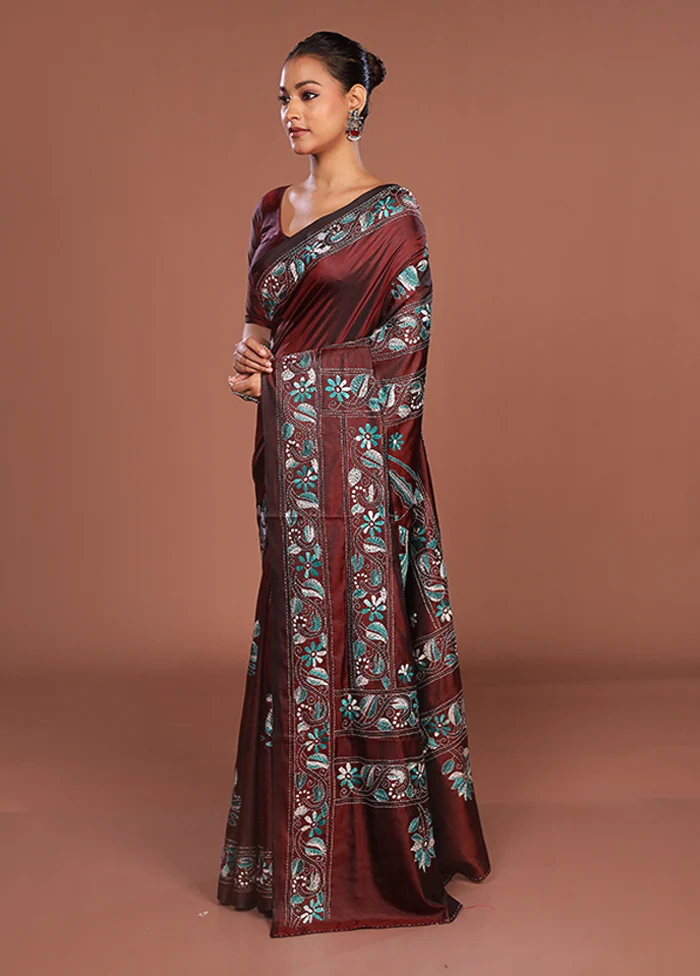 Maroon Kantha Stitch Silk Saree With Blouse Piece - Image 4