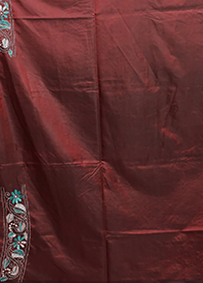 Maroon Kantha Stitch Silk Saree With Blouse Piece - Image 5