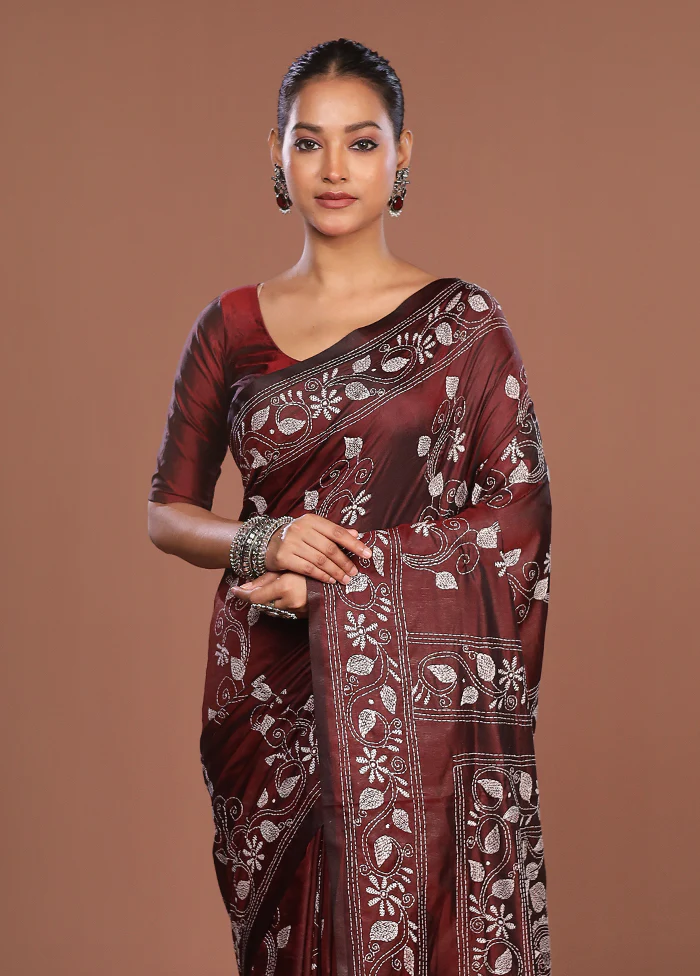 Maroon Kantha Stitch Silk Saree With Blouse Piece