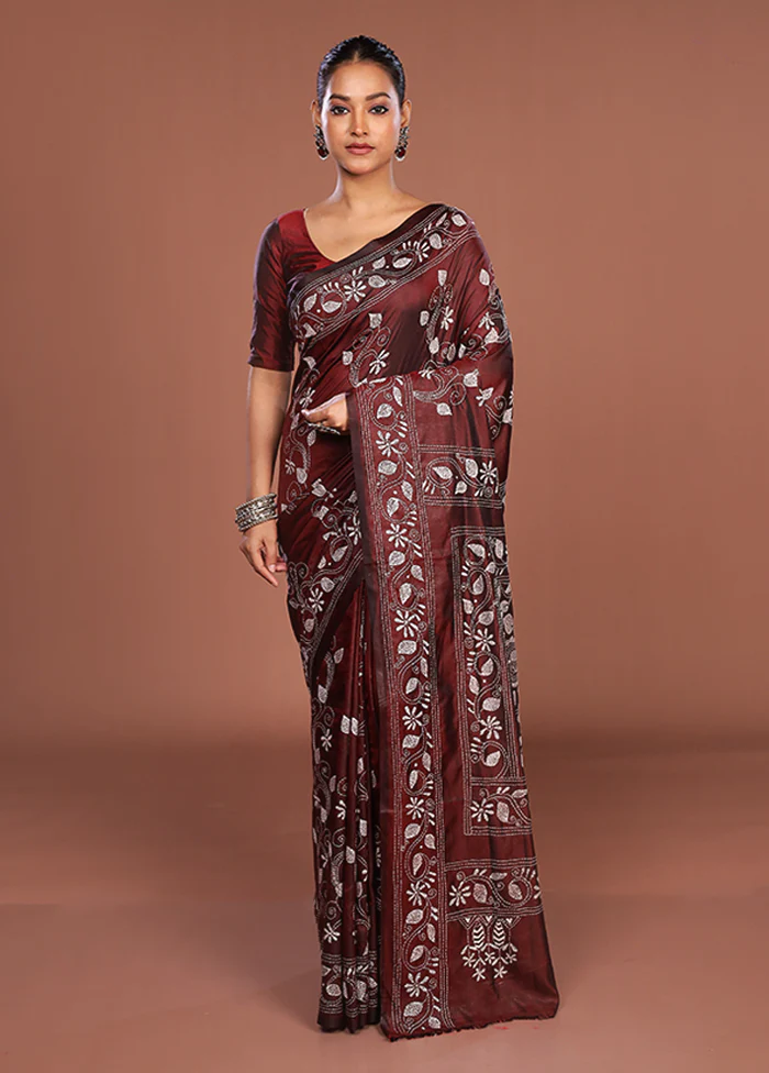 Maroon Kantha Stitch Silk Saree With Blouse Piece - Image 2