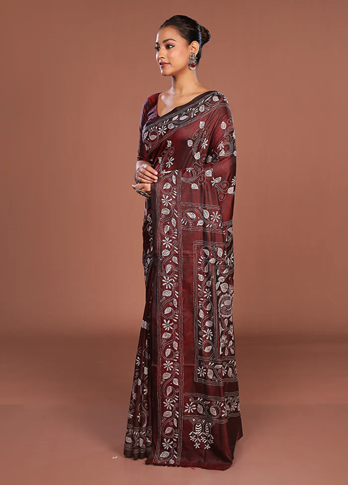 Maroon Kantha Stitch Silk Saree With Blouse Piece - Image 4