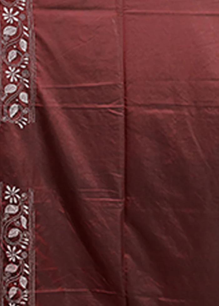 Maroon Kantha Stitch Silk Saree With Blouse Piece - Image 5