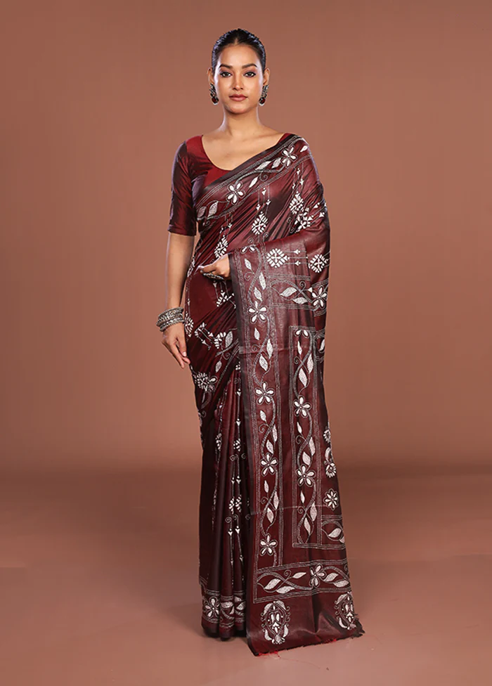 Maroon Kantha Stitch Silk Saree With Blouse Piece - Image 2