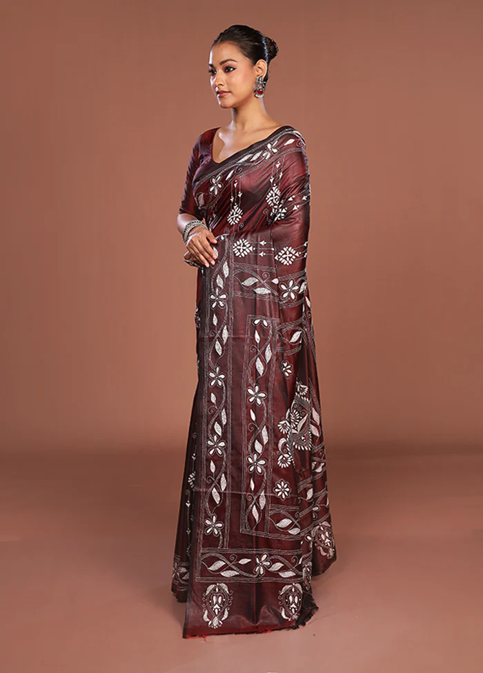 Maroon Kantha Stitch Silk Saree With Blouse Piece - Image 4