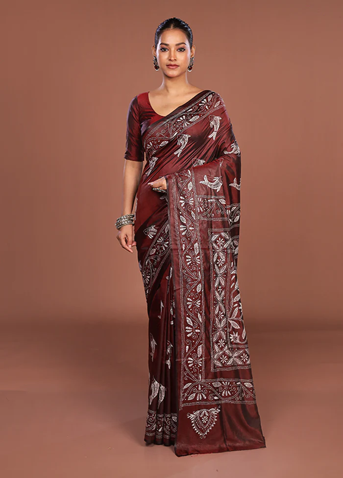 Maroon Kantha Stitch Silk Saree With Blouse Piece - Image 2