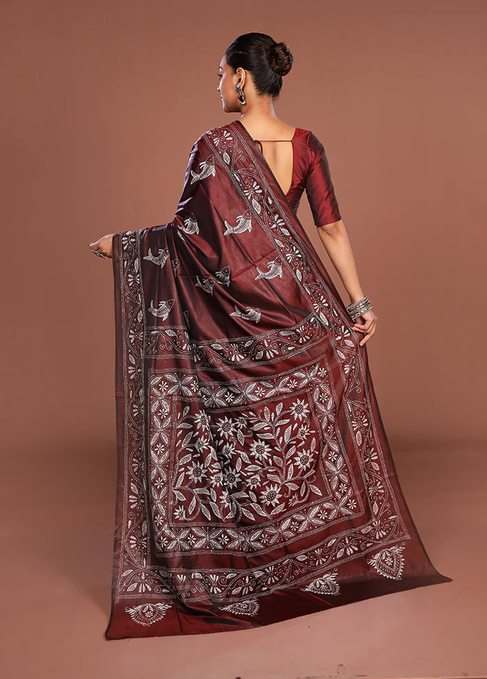 Maroon Kantha Stitch Silk Saree With Blouse Piece - Image 3