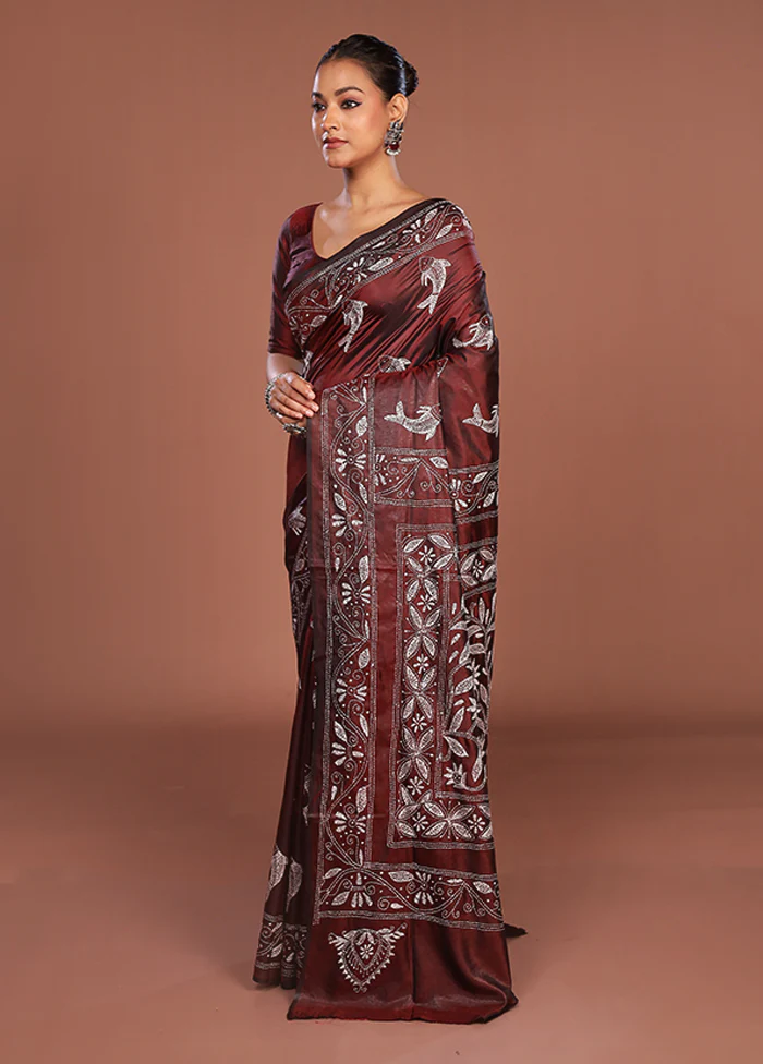 Maroon Kantha Stitch Silk Saree With Blouse Piece - Image 4