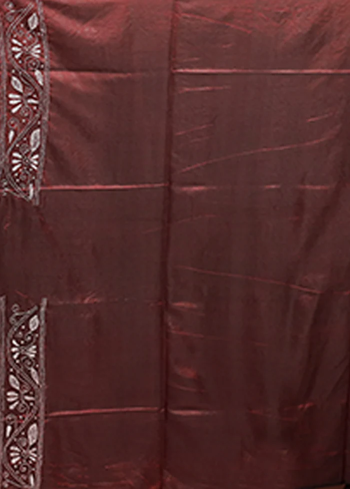 Maroon Kantha Stitch Silk Saree With Blouse Piece - Image 5