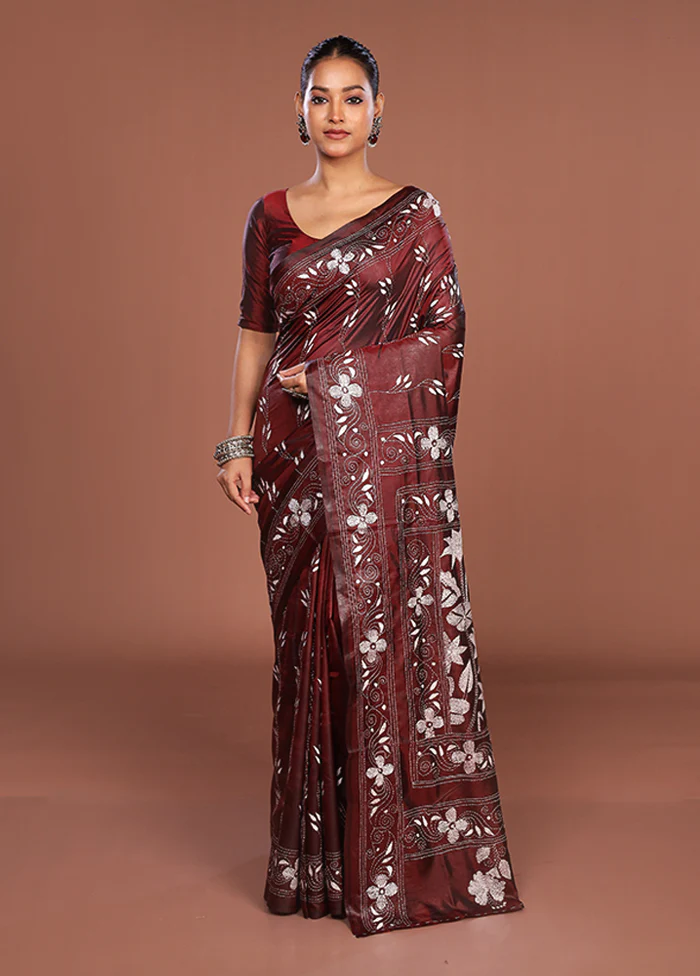 Maroon Kantha Stitch Silk Saree With Blouse Piece - Image 2