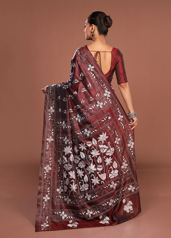 Maroon Kantha Stitch Silk Saree With Blouse Piece - Image 3