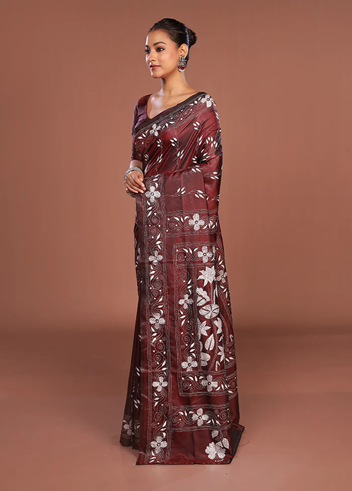 Maroon Kantha Stitch Silk Saree With Blouse Piece - Image 4