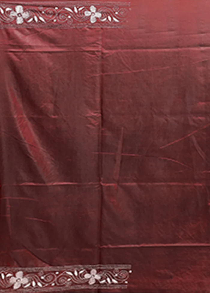 Maroon Kantha Stitch Silk Saree With Blouse Piece - Image 5