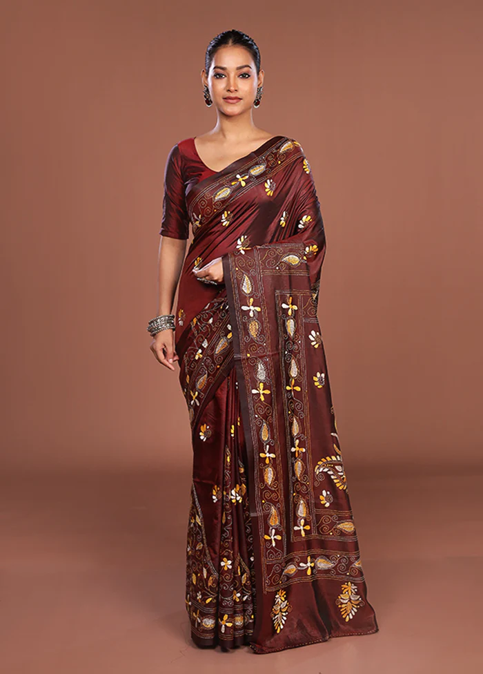 Maroon Kantha Stitch Silk Saree With Blouse Piece - Image 2