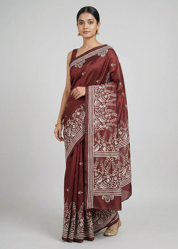 Maroon Kantha Stitch Silk Saree With Blouse Piece