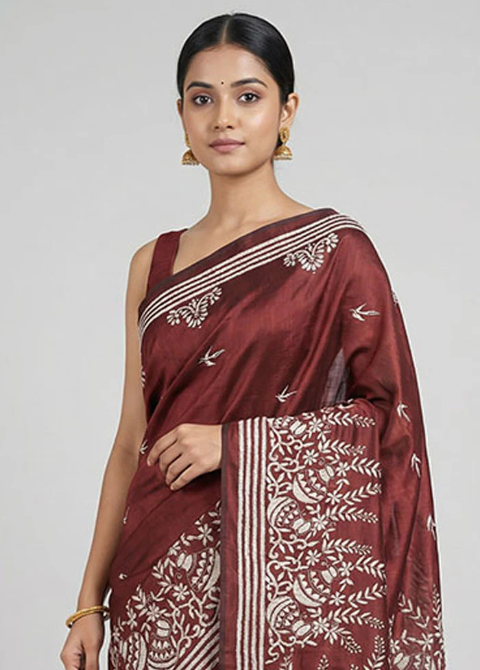 Maroon Kantha Stitch Silk Saree With Blouse Piece - Image 2