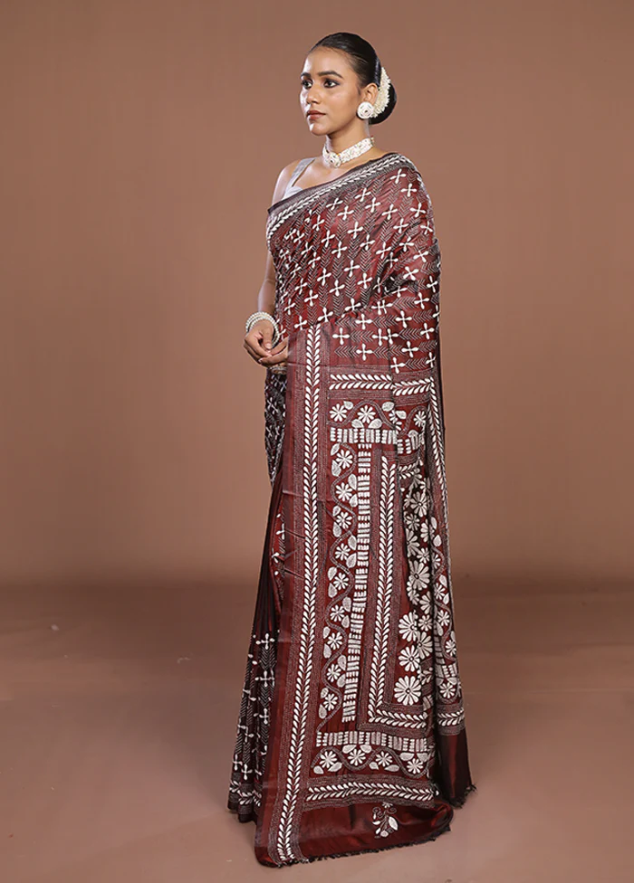 Maroon Kantha Stitch Silk Saree With Blouse Piece - Image 4
