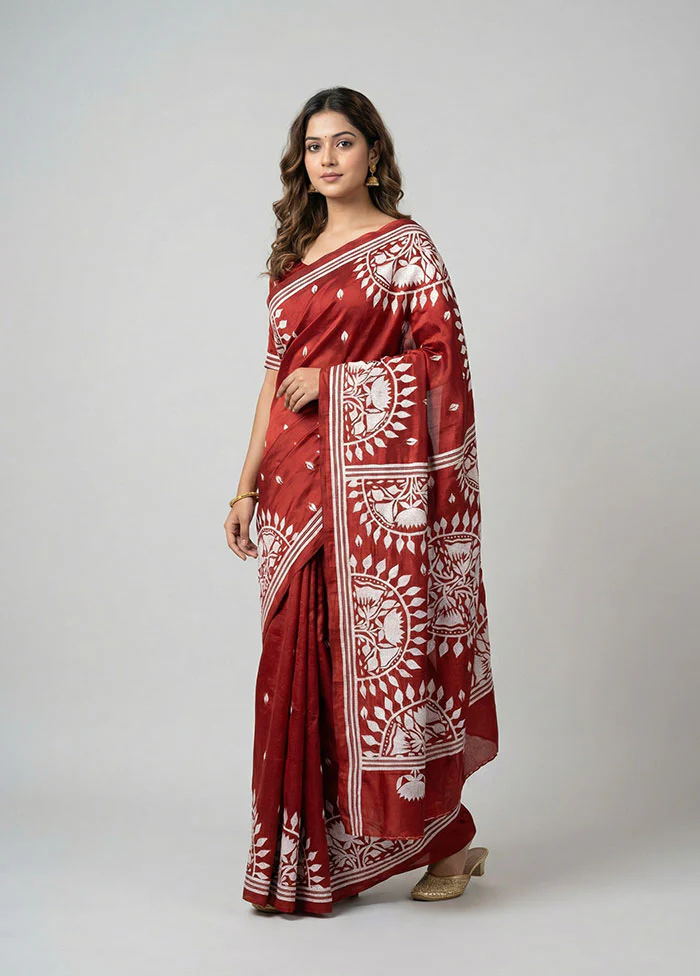 Maroon Kantha Stitch Silk Saree With Blouse Piece