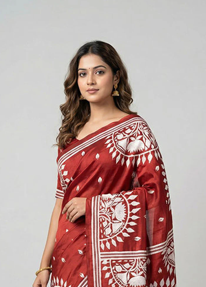 Maroon Kantha Stitch Silk Saree With Blouse Piece - Image 2