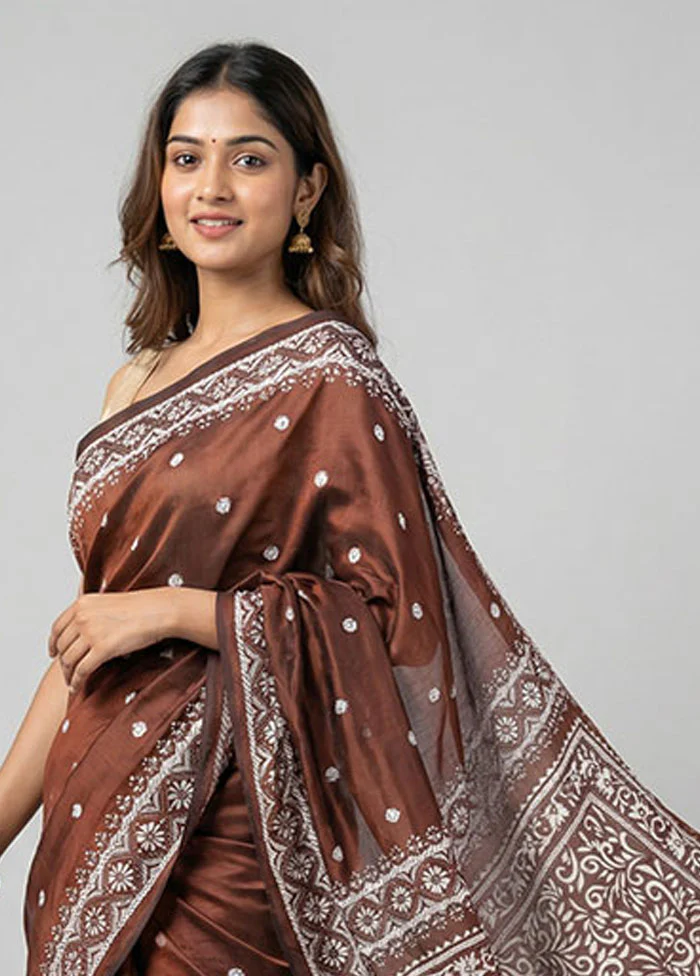 Maroon Kantha Stitch Silk Saree With Blouse Piece - Image 2