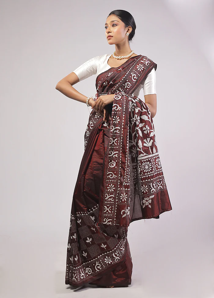 Maroon Kantha Stitch Silk Saree With Blouse Piece - Image 4