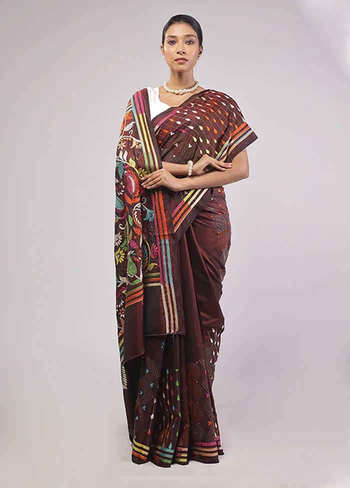 Maroon Kantha Stitch Silk Saree With Blouse Piece - Image 2