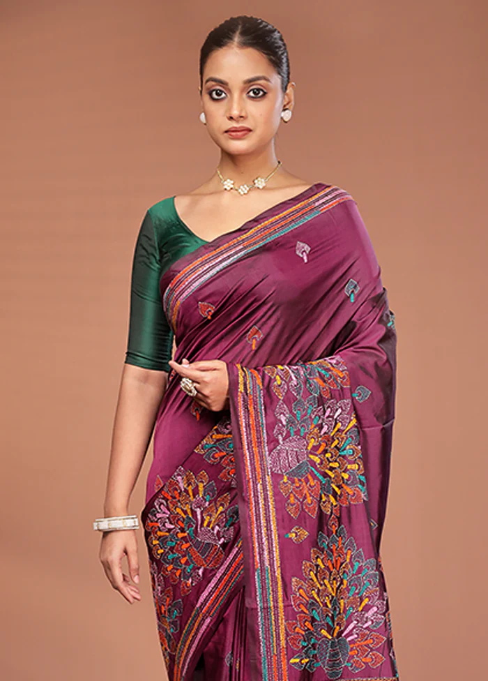 Maroon Kantha Stitch Silk Saree With Blouse Piece