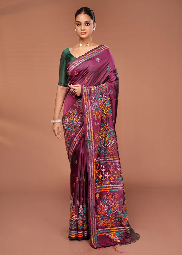 Maroon Kantha Stitch Silk Saree With Blouse Piece - Image 2