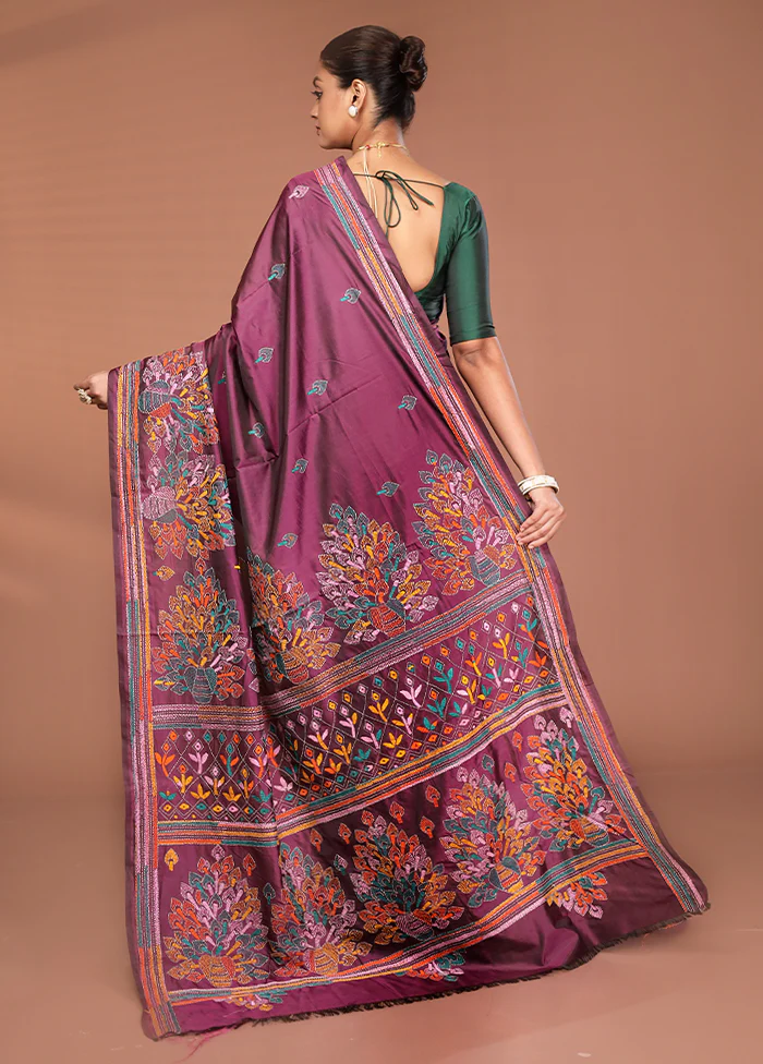 Maroon Kantha Stitch Silk Saree With Blouse Piece - Image 3