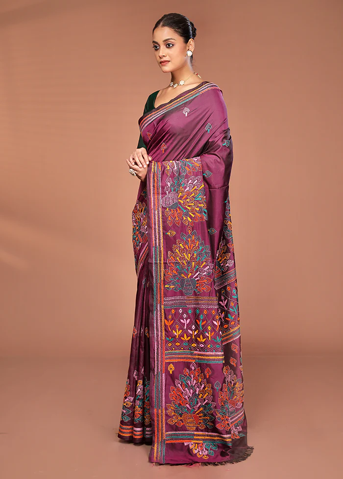 Maroon Kantha Stitch Silk Saree With Blouse Piece - Image 4