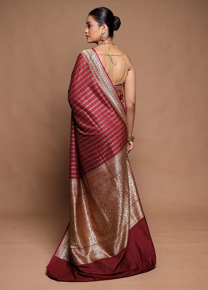 Maroon Katan Silk Saree With Blouse Piece - Image 3