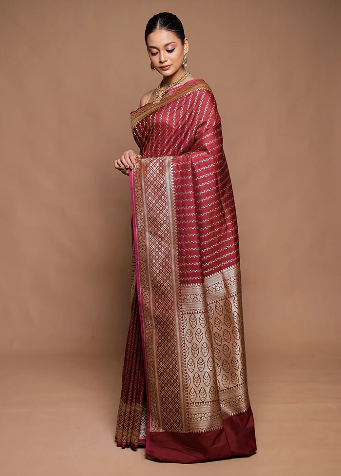 Maroon Katan Silk Saree With Blouse Piece - Image 4