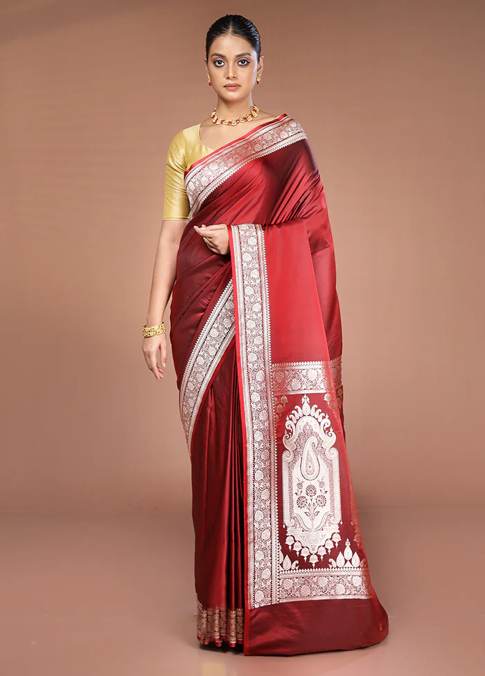 Maroon Katan Silk Saree With Blouse Piece - Image 2