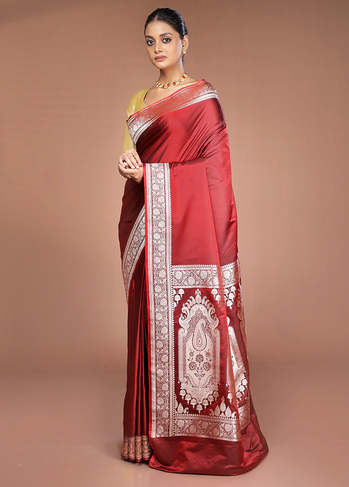Maroon Katan Silk Saree With Blouse Piece - Image 4