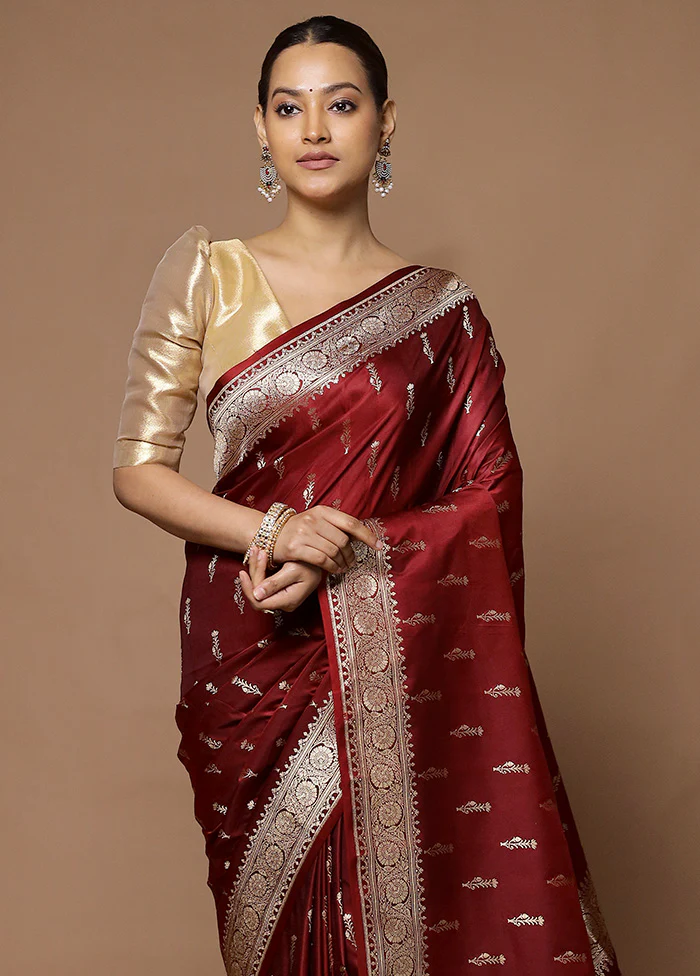 Maroon Katan Silk Saree With Blouse Piece - Image 2