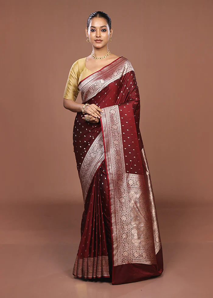 Maroon Katan Silk Saree With Blouse Piece - Image 2