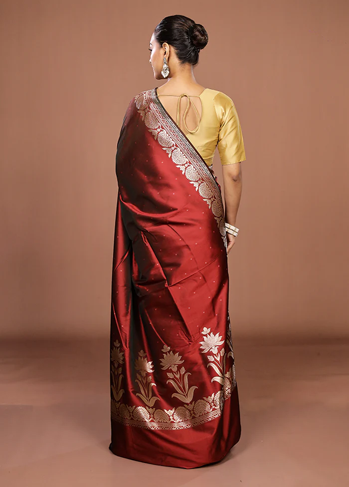Maroon Katan Silk Saree With Blouse Piece - Image 3