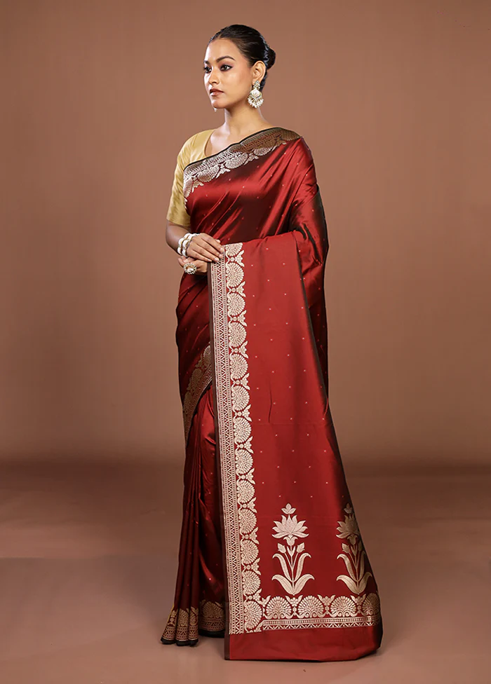 Maroon Katan Silk Saree With Blouse Piece - Image 4